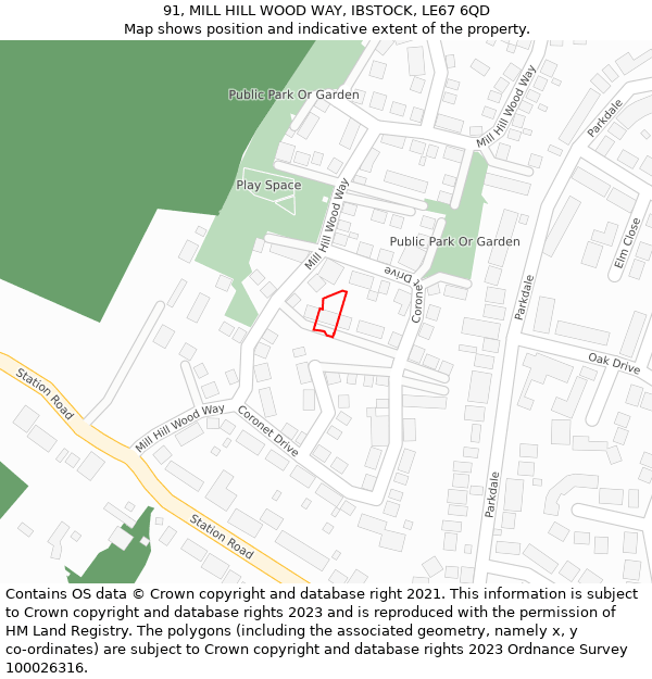91, MILL HILL WOOD WAY, IBSTOCK, LE67 6QD: Location map and indicative extent of plot