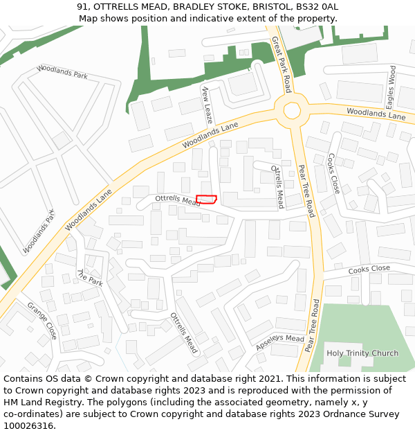 91, OTTRELLS MEAD, BRADLEY STOKE, BRISTOL, BS32 0AL: Location map and indicative extent of plot