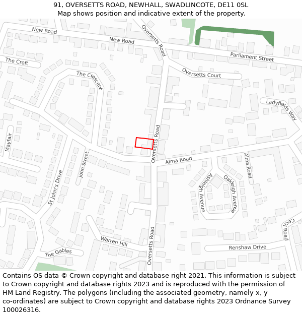 91, OVERSETTS ROAD, NEWHALL, SWADLINCOTE, DE11 0SL: Location map and indicative extent of plot