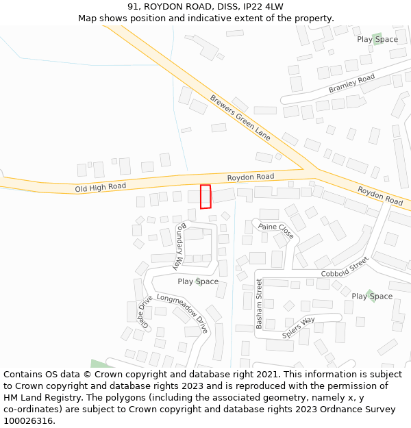 91, ROYDON ROAD, DISS, IP22 4LW: Location map and indicative extent of plot