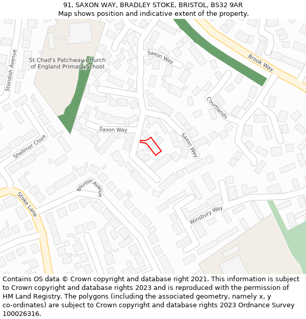 91, SAXON WAY, BRADLEY STOKE, BRISTOL, BS32 9AR: Location map and indicative extent of plot