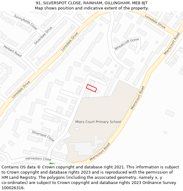 91, SILVERSPOT CLOSE, RAINHAM, GILLINGHAM, ME8 8JT: Location map and indicative extent of plot