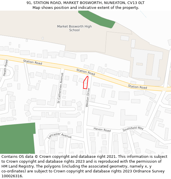 91, STATION ROAD, MARKET BOSWORTH, NUNEATON, CV13 0LT: Location map and indicative extent of plot