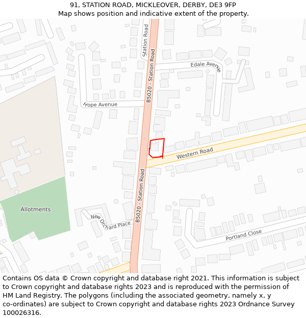 91, STATION ROAD, MICKLEOVER, DERBY, DE3 9FP: Location map and indicative extent of plot