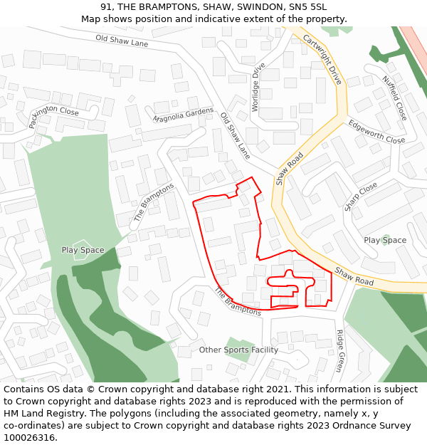 91, THE BRAMPTONS, SHAW, SWINDON, SN5 5SL: Location map and indicative extent of plot