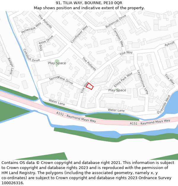 91, TILIA WAY, BOURNE, PE10 0QR: Location map and indicative extent of plot