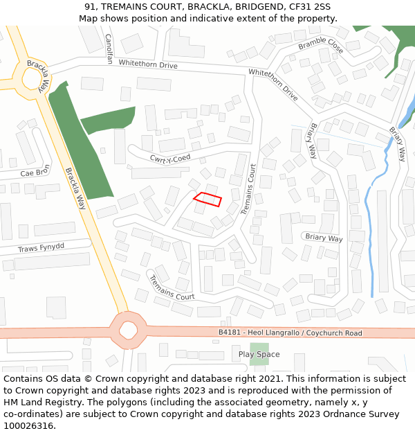 91, TREMAINS COURT, BRACKLA, BRIDGEND, CF31 2SS: Location map and indicative extent of plot