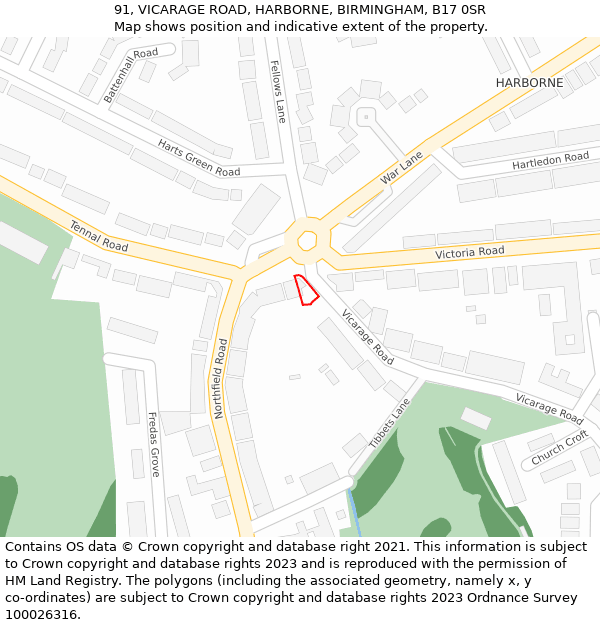 91, VICARAGE ROAD, HARBORNE, BIRMINGHAM, B17 0SR: Location map and indicative extent of plot