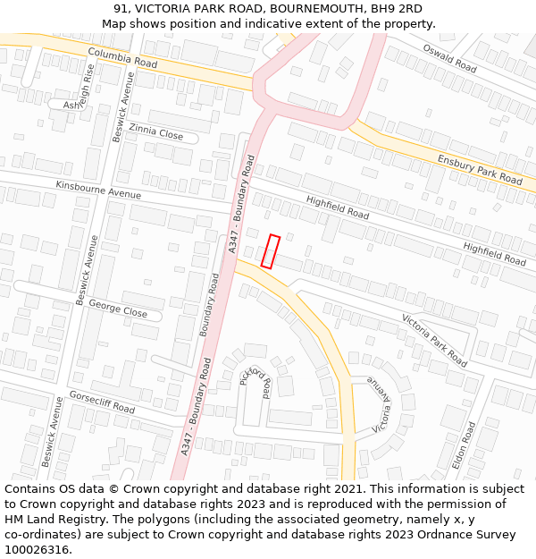 91, VICTORIA PARK ROAD, BOURNEMOUTH, BH9 2RD: Location map and indicative extent of plot