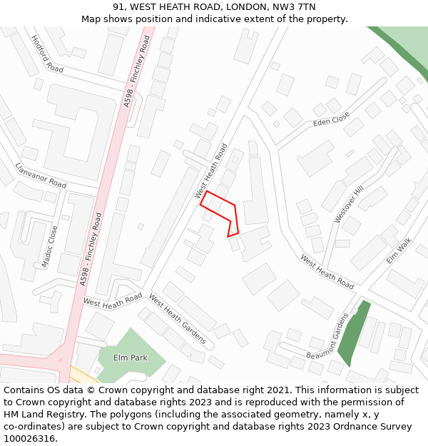 91, WEST HEATH ROAD, LONDON, NW3 7TN: Location map and indicative extent of plot
