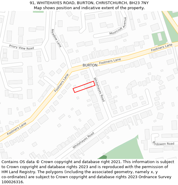 91, WHITEHAYES ROAD, BURTON, CHRISTCHURCH, BH23 7NY: Location map and indicative extent of plot