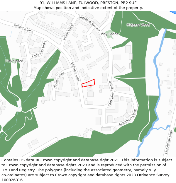 91, WILLIAMS LANE, FULWOOD, PRESTON, PR2 9UF: Location map and indicative extent of plot