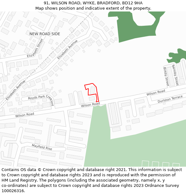 91, WILSON ROAD, WYKE, BRADFORD, BD12 9HA: Location map and indicative extent of plot
