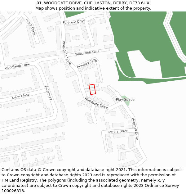 91, WOODGATE DRIVE, CHELLASTON, DERBY, DE73 6UX: Location map and indicative extent of plot