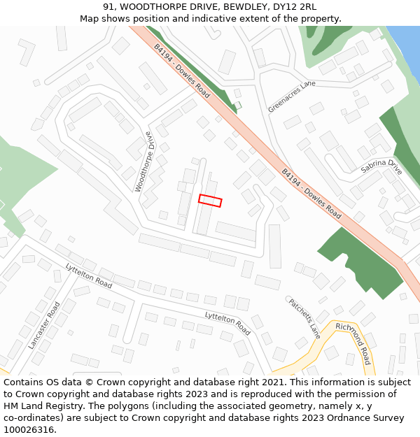 91, WOODTHORPE DRIVE, BEWDLEY, DY12 2RL: Location map and indicative extent of plot