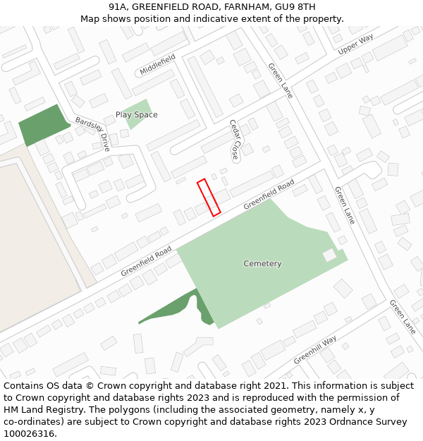91A, GREENFIELD ROAD, FARNHAM, GU9 8TH: Location map and indicative extent of plot
