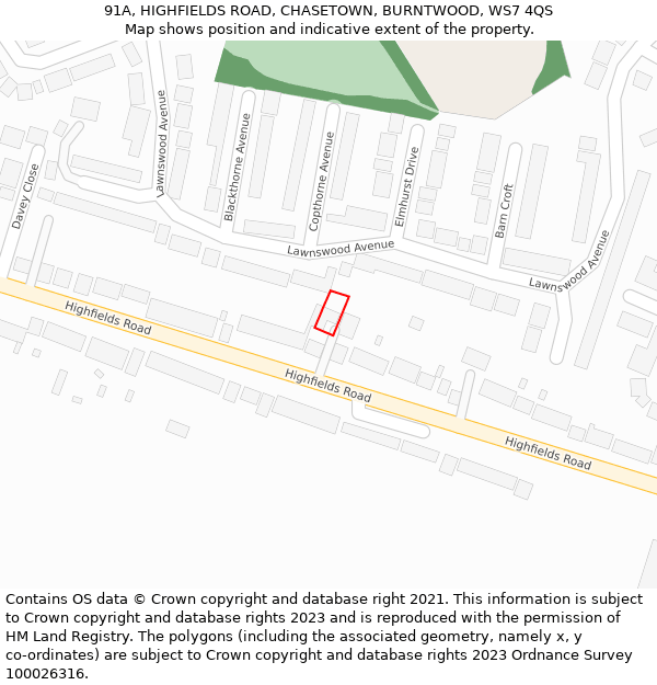 91A, HIGHFIELDS ROAD, CHASETOWN, BURNTWOOD, WS7 4QS: Location map and indicative extent of plot