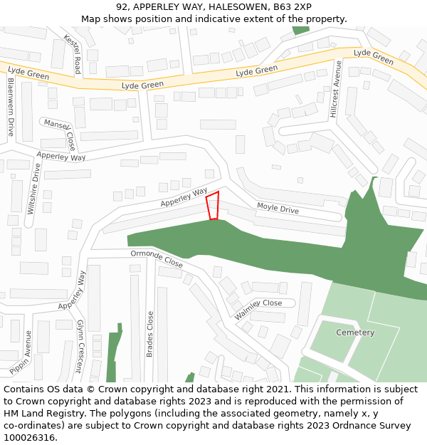 92, APPERLEY WAY, HALESOWEN, B63 2XP: Location map and indicative extent of plot