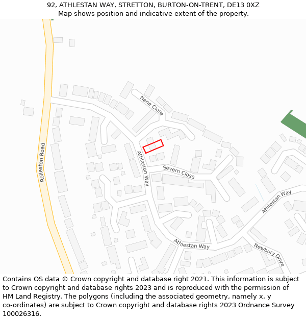 92, ATHLESTAN WAY, STRETTON, BURTON-ON-TRENT, DE13 0XZ: Location map and indicative extent of plot