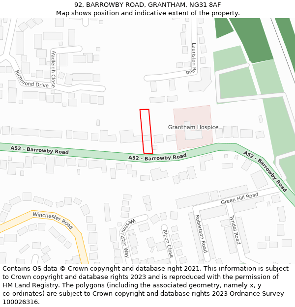 92, BARROWBY ROAD, GRANTHAM, NG31 8AF: Location map and indicative extent of plot