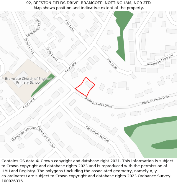 92, BEESTON FIELDS DRIVE, BRAMCOTE, NOTTINGHAM, NG9 3TD: Location map and indicative extent of plot