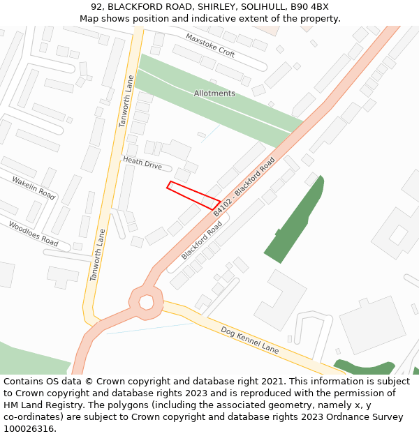 92, BLACKFORD ROAD, SHIRLEY, SOLIHULL, B90 4BX: Location map and indicative extent of plot