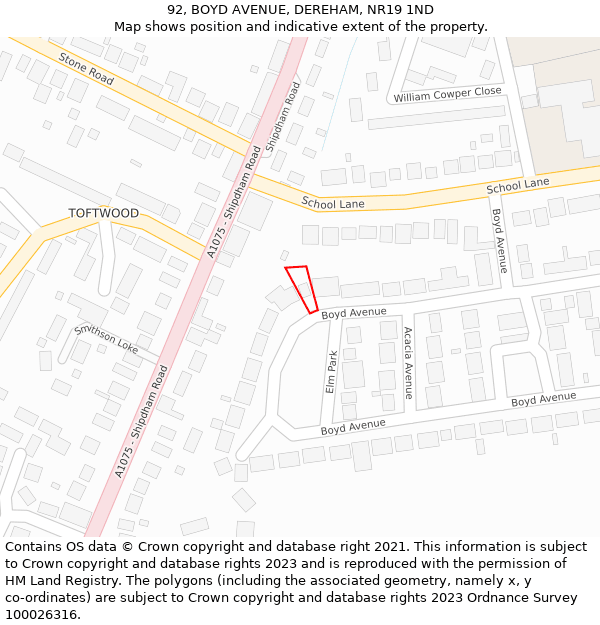 92, BOYD AVENUE, DEREHAM, NR19 1ND: Location map and indicative extent of plot