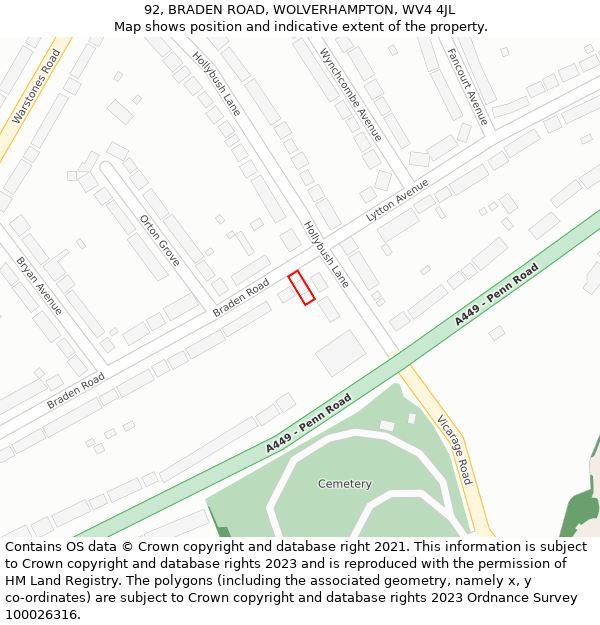 92, BRADEN ROAD, WOLVERHAMPTON, WV4 4JL: Location map and indicative extent of plot