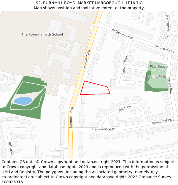 92, BURNMILL ROAD, MARKET HARBOROUGH, LE16 7JG: Location map and indicative extent of plot