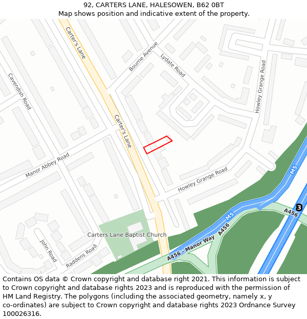 92, CARTERS LANE, HALESOWEN, B62 0BT: Location map and indicative extent of plot