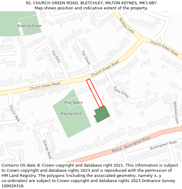 92, CHURCH GREEN ROAD, BLETCHLEY, MILTON KEYNES, MK3 6BY: Location map and indicative extent of plot