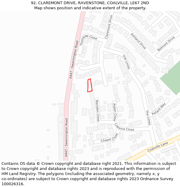 92, CLAREMONT DRIVE, RAVENSTONE, COALVILLE, LE67 2ND: Location map and indicative extent of plot