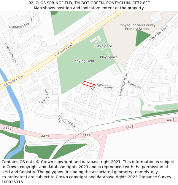 92, CLOS SPRINGFIELD, TALBOT GREEN, PONTYCLUN, CF72 8FE: Location map and indicative extent of plot