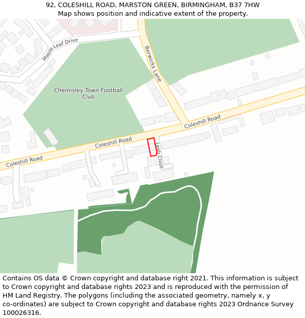 92, COLESHILL ROAD, MARSTON GREEN, BIRMINGHAM, B37 7HW: Location map and indicative extent of plot