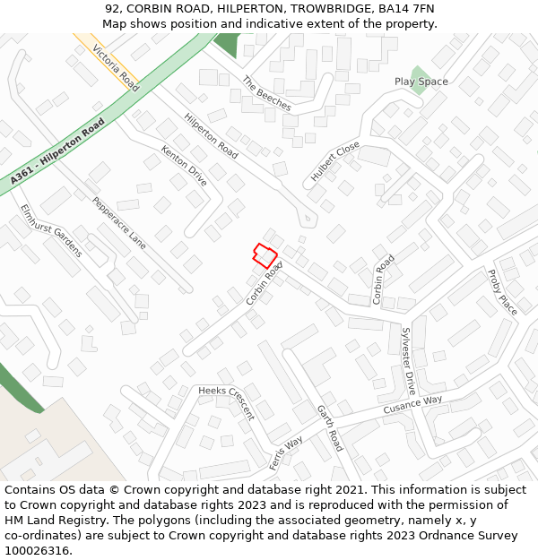 92, CORBIN ROAD, HILPERTON, TROWBRIDGE, BA14 7FN: Location map and indicative extent of plot