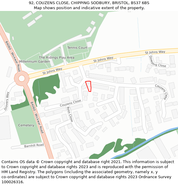 92, COUZENS CLOSE, CHIPPING SODBURY, BRISTOL, BS37 6BS: Location map and indicative extent of plot