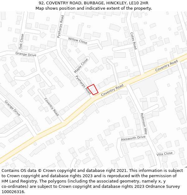 92, COVENTRY ROAD, BURBAGE, HINCKLEY, LE10 2HR: Location map and indicative extent of plot