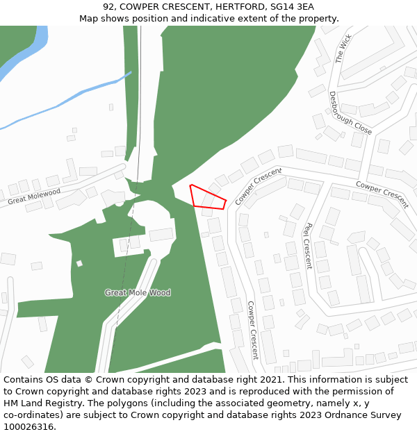 92, COWPER CRESCENT, HERTFORD, SG14 3EA: Location map and indicative extent of plot