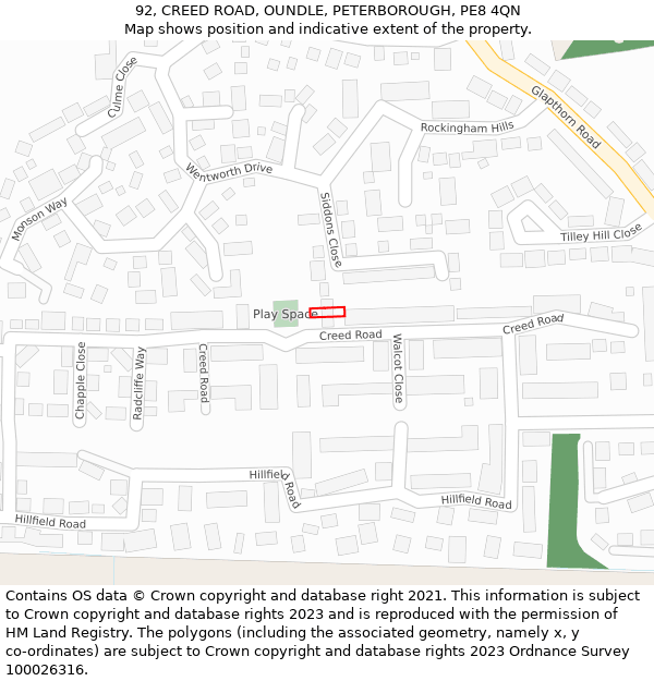 92, CREED ROAD, OUNDLE, PETERBOROUGH, PE8 4QN: Location map and indicative extent of plot