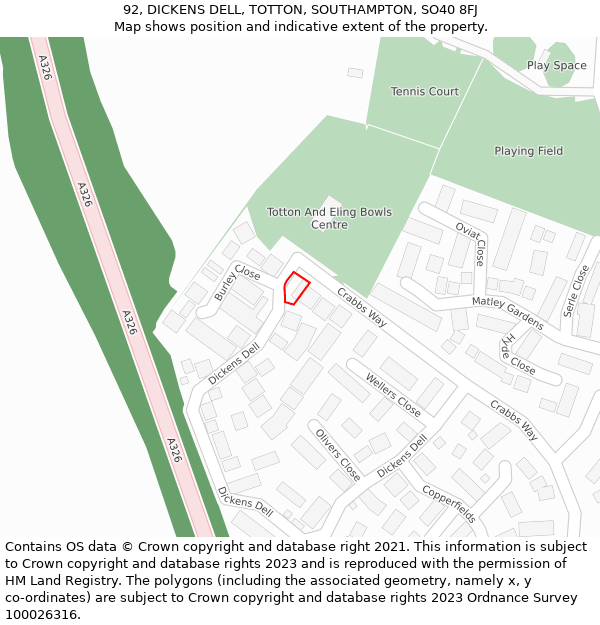 92, DICKENS DELL, TOTTON, SOUTHAMPTON, SO40 8FJ: Location map and indicative extent of plot