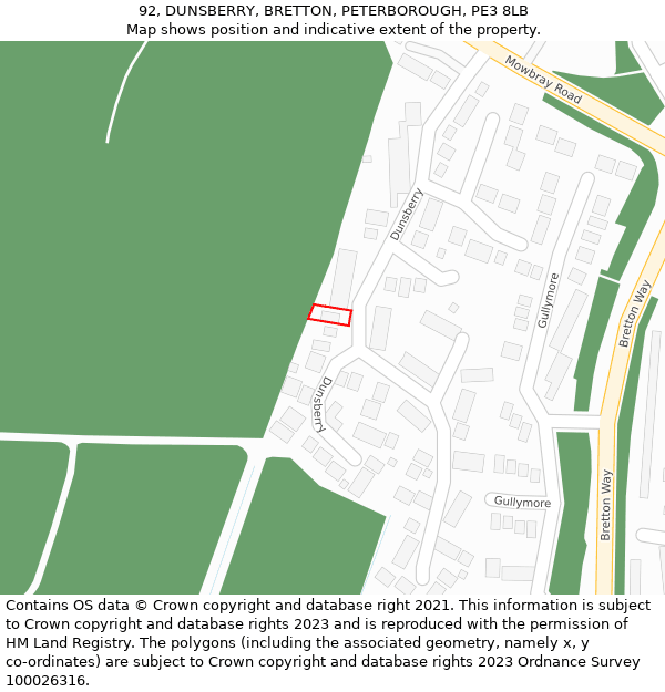 92, DUNSBERRY, BRETTON, PETERBOROUGH, PE3 8LB: Location map and indicative extent of plot
