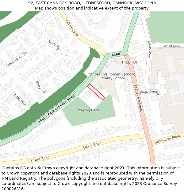 92, EAST CANNOCK ROAD, HEDNESFORD, CANNOCK, WS12 1NA: Location map and indicative extent of plot