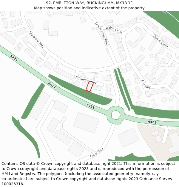 92, EMBLETON WAY, BUCKINGHAM, MK18 1FJ: Location map and indicative extent of plot