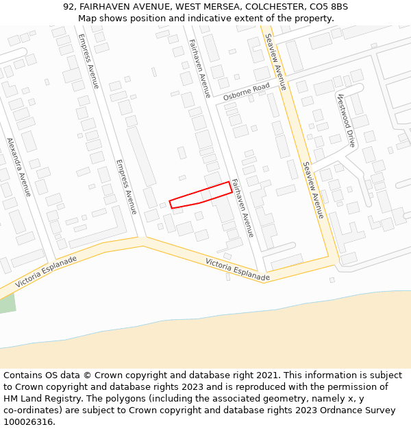 92, FAIRHAVEN AVENUE, WEST MERSEA, COLCHESTER, CO5 8BS: Location map and indicative extent of plot