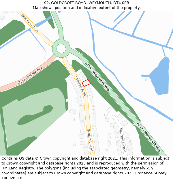 92, GOLDCROFT ROAD, WEYMOUTH, DT4 0EB: Location map and indicative extent of plot