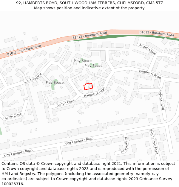 92, HAMBERTS ROAD, SOUTH WOODHAM FERRERS, CHELMSFORD, CM3 5TZ: Location map and indicative extent of plot