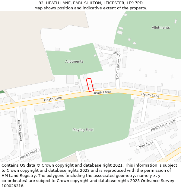 92, HEATH LANE, EARL SHILTON, LEICESTER, LE9 7PD: Location map and indicative extent of plot