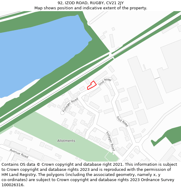 92, IZOD ROAD, RUGBY, CV21 2JY: Location map and indicative extent of plot