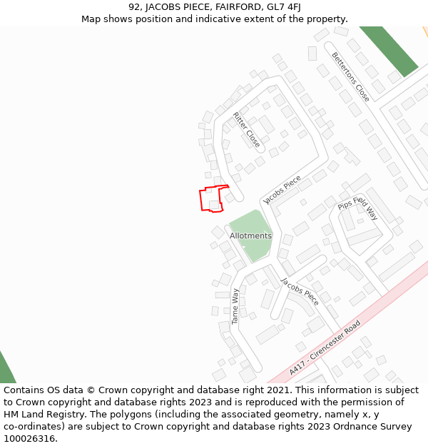 92, JACOBS PIECE, FAIRFORD, GL7 4FJ: Location map and indicative extent of plot