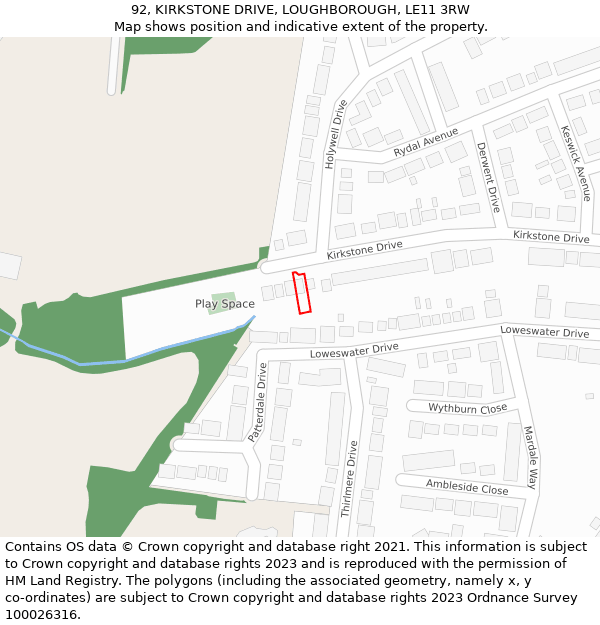 92, KIRKSTONE DRIVE, LOUGHBOROUGH, LE11 3RW: Location map and indicative extent of plot